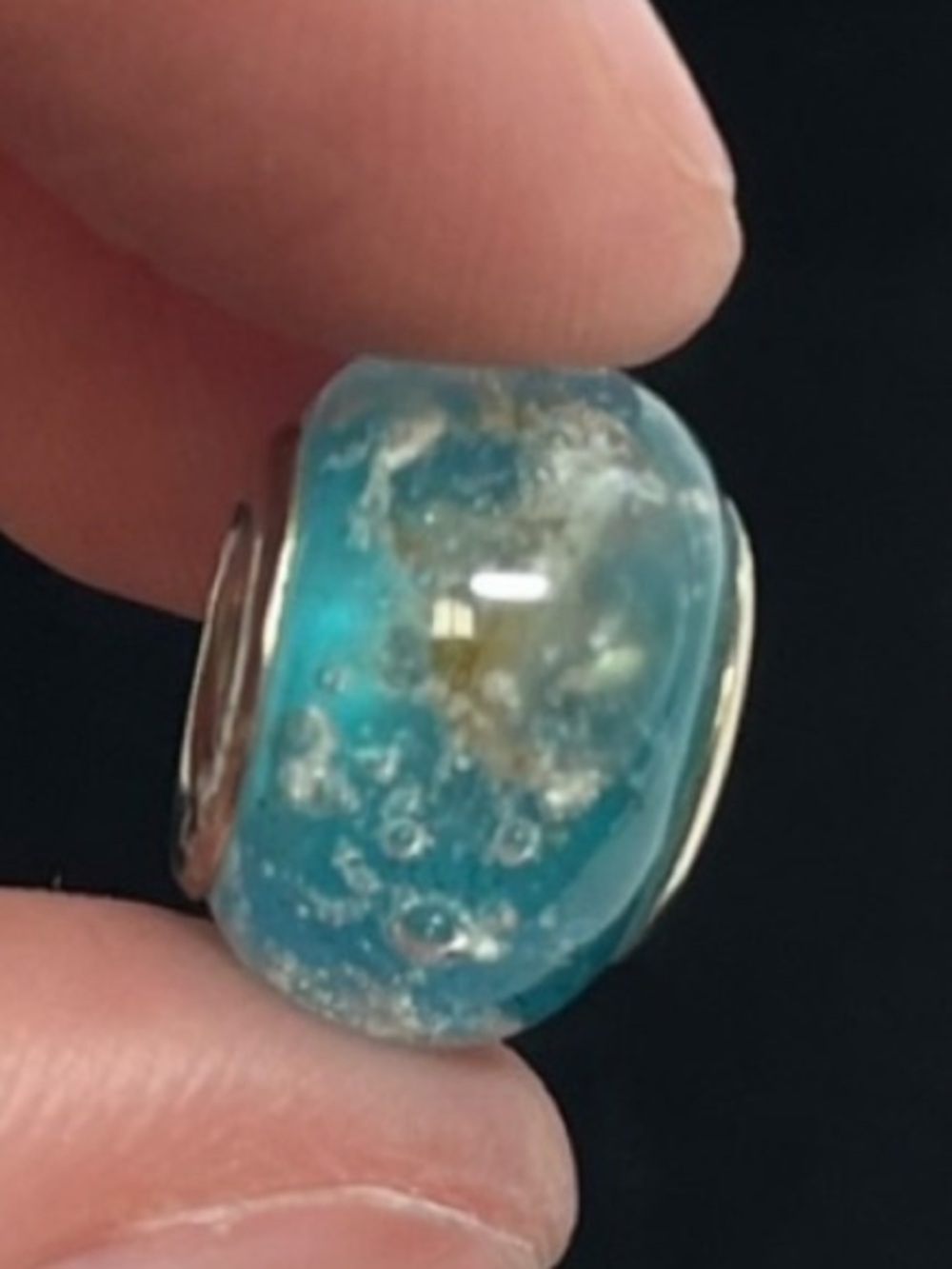 Sterling silver bead with blue design 
Fits Pandora or similar
Stamped 925